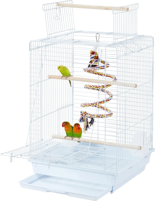 Yaheetech Cage à oiseaux avec jouets - 40 x 40 x 58 cm - équipée d'une ouverture supplémentaire en haut et d'un plateau coulissant et de 4 perchoirs en bois - pour perruches et canaris - métal noir et bois