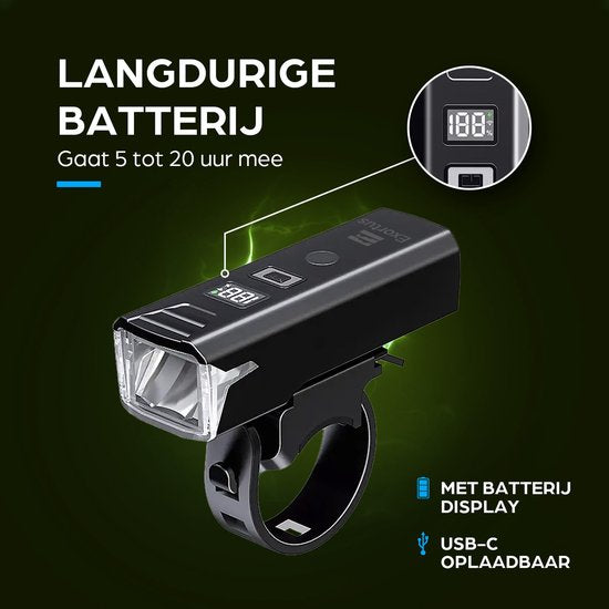 Kit d'éclairage LED rechargeable Exortus® pour vélo - Kit de feux de vélo blancs et rouges – Feux adaptés à tous les vélos (de course) - Indicateur de niveau de batterie - Résistants aux chutes et étanches - Avec mode capteur de lumière - Peuvent égalemen