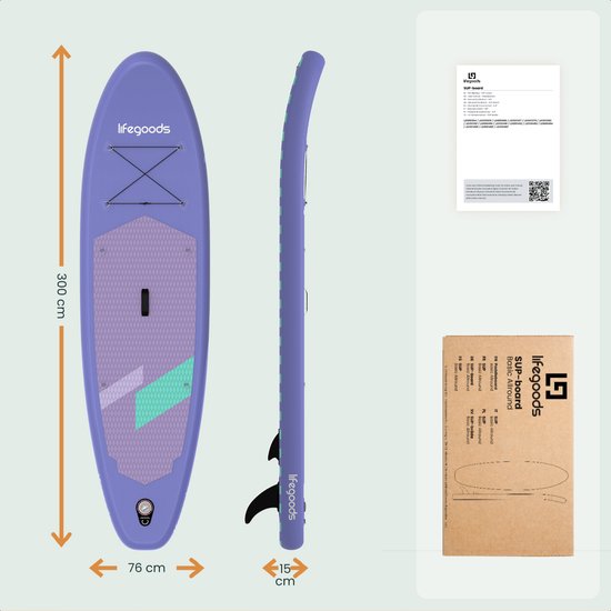 LifeGoods SUP Board All-round Compact - avec siège - capacité de charge de 100 KG - 300 x 76 cm - gonflable - ensemble complet de SUP - violet