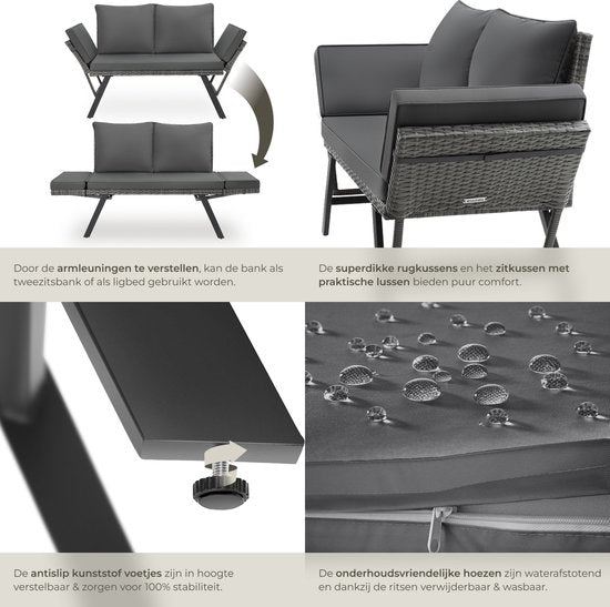 tectake® 2-in-1 Banc de jardin en osier Sintra - Mains courantes réglables - Salon de jardin - Chaise longue - Banc de salon de balcon - Coussins inclus - Canapé de salon d'extérieur - Lit de soleil résistant aux UV et aux intempéries - Gris