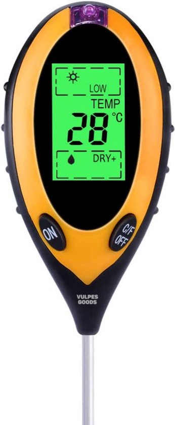 Vulpes Goods® Humidimètre pour plantes - 4 en 1 - hygromètre - intérieur et extérieur - hygromètre pour plantes d'intérieur - - pH, photomètre, thermomètre et humidimètre - Humidimètre pour sol - Version PRO - Batterie incluse