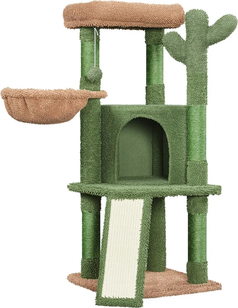 Yaheetech Arbre à chat « Kaktus » XS 42,5 x 42,5 x 106,5 cm - Vert/Marron - Arbre à chat avec maison, panier suspendu et poteaux en sisal