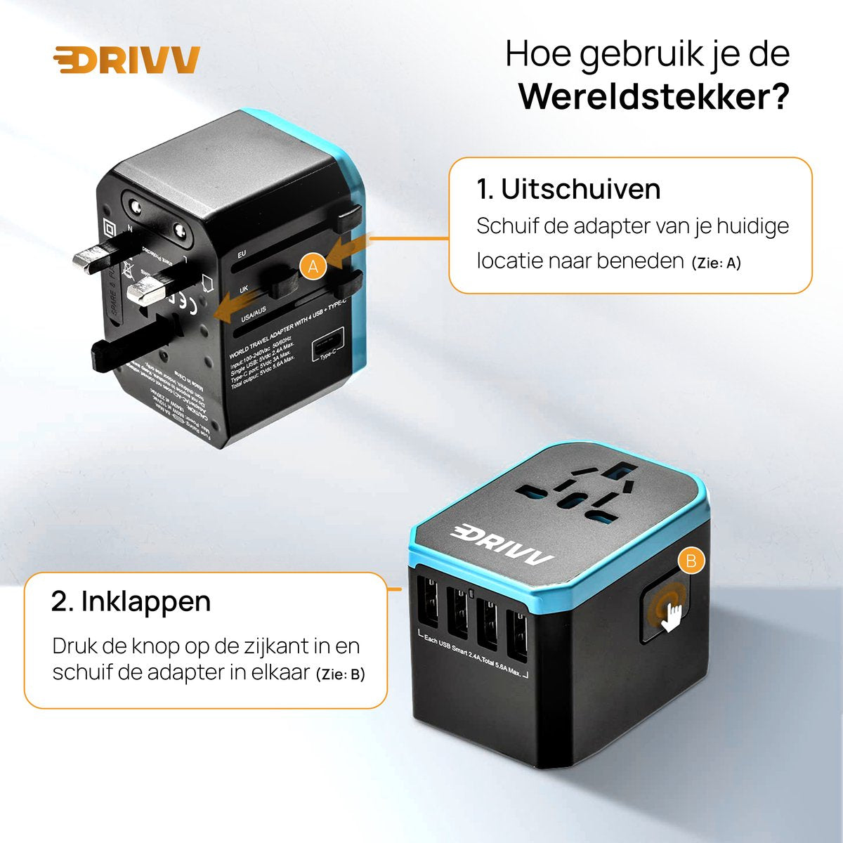 Drivv. Adaptateur universel - 4 ports USB et 1 port USB-C à chargement rapide - Adaptateur de voyage pour les États-Unis / l'Angleterre / le Royaume-Uni / le Canada / l'Afrique / le Japon / le Mexique / la Thaïlande / l'Amérique du Sud - Types A, B, C, E,