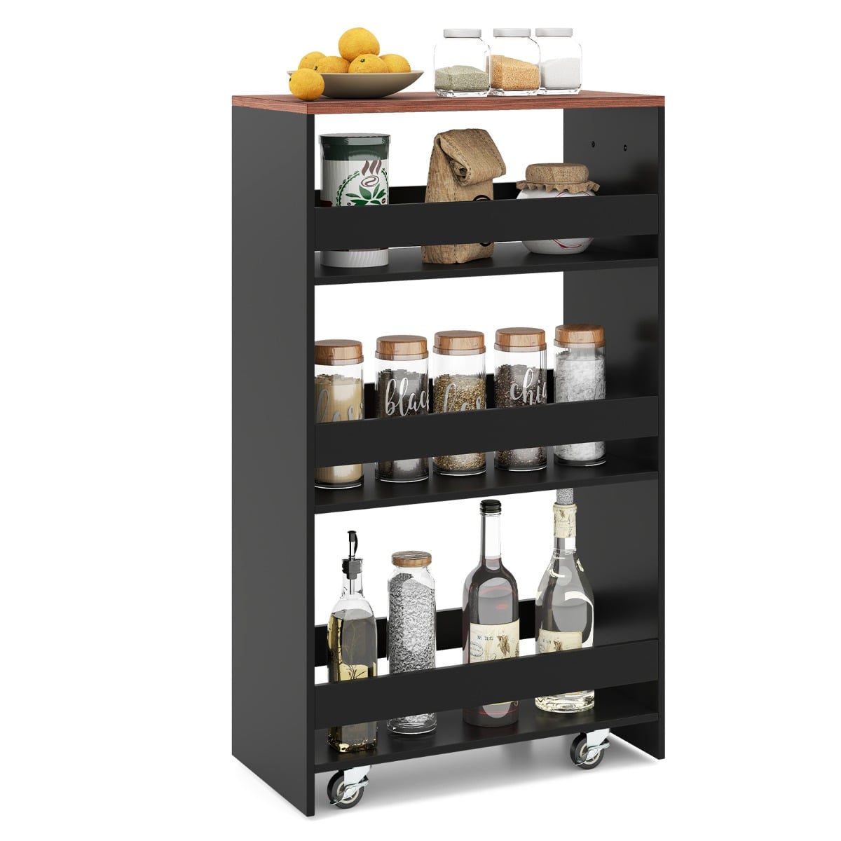 Chariot de cuisine étroit Coast - Chariot de rangement à 4 étages sur roulettes 47,5 x 25 x 80,5 cm - Noir/Marron