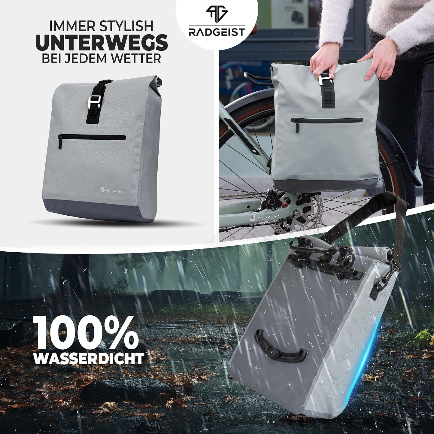 Sac à vélo Radgeist pour porte-bagages 2-en-1 - Sac à bandoulière - 100 % imperméable - 20 litres - Gris