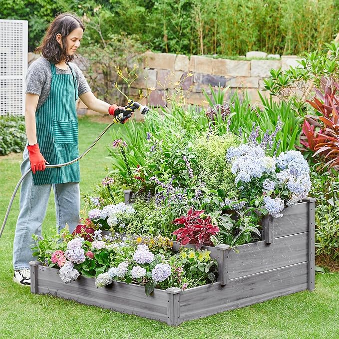 Yaheetech : bac à plantes surélevé à 3 niveaux - Bac de potager en bois de pin pour légumes, fleurs et herbes aromatiques