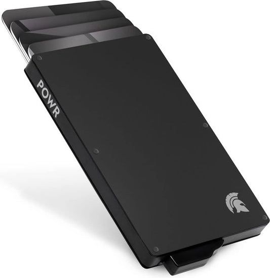 Porte-cartes POWR extensible noir - Étui de protection pour cartes bancaires pour hommes avec protection antivol - Technologie RFID - 5 cartes bancaires et jusqu'à 8 cartes de visite - Porte-cartes en aluminium pour hommes - Anti-skimming