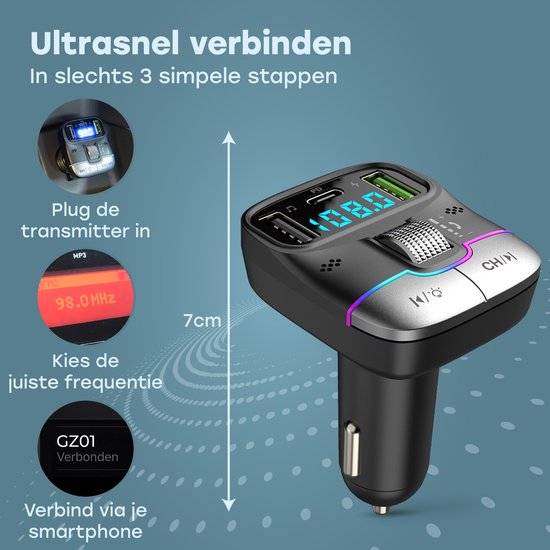 Audyn Bluetooth FM Transmitter - USB-A & USB-C - Récepteur Bluetooth - Chargeur rapide - Chargeur voiture - Carkit - Accessoires voiture - RGB