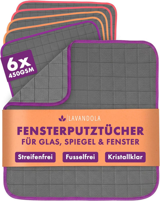 Lavandola® 6 x chiffons en microfibre carbone pour vitres 30 x 30 cm – 450 g/m² – Ne laissent pas de traces et sont ultra-absorbants – Verre, miroirs et voiture