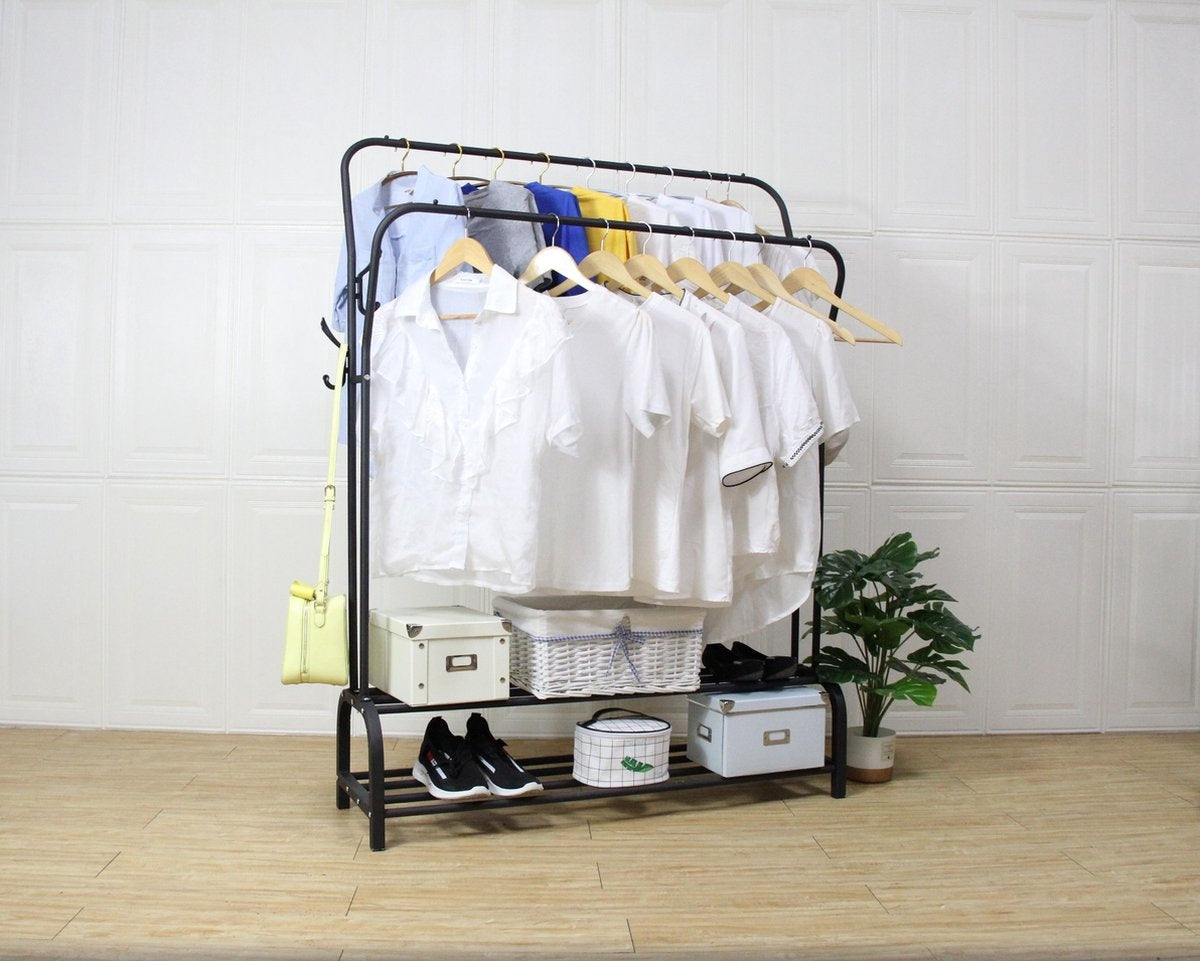 O'DADDY® Porte-vêtements métal xxl - porte-vêtements noir - jusqu'à 25 kg par tube - tringle à vêtements avec crochets - porte-vêtements avec double porte-chaussures - Porte-vêtements double - 110 x 33 x (137-157) cm