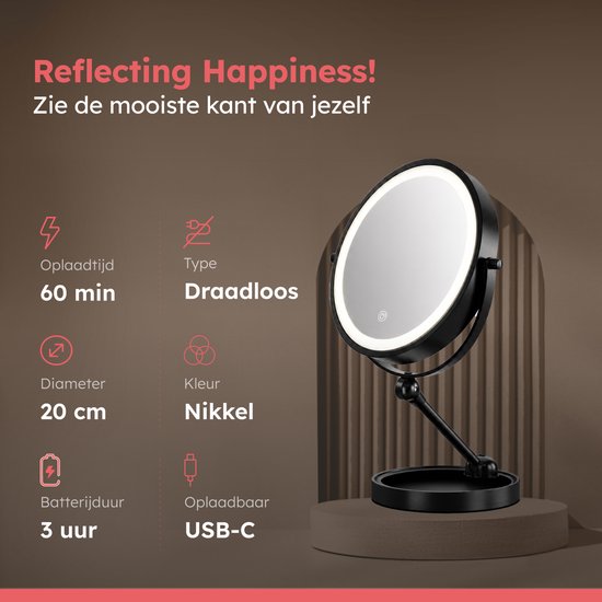 Miroir de maquillage Fraay® avec éclairage LED - Grossissement 10x - Miroir grossissant avec éclairage - Rechargeable - Miroir de rasage - Miroir de salle de bains - Noir