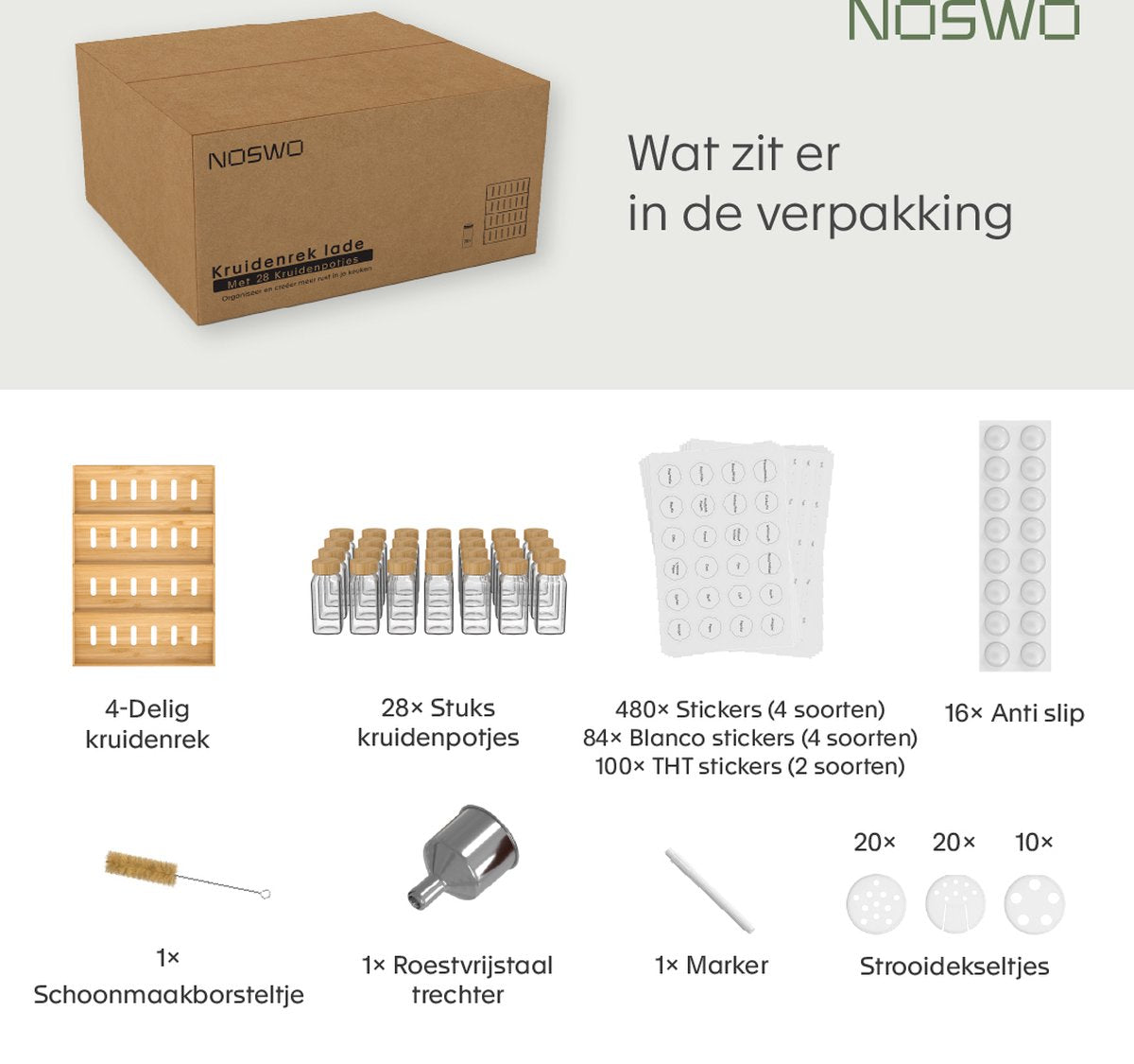 Noswo Spice Rack Drawer - With 28 Jars - Complete Set - Square - Sprinkle Lid and Labels - Spice Organiser - Kitchen Drawer Organiser - Bamboo