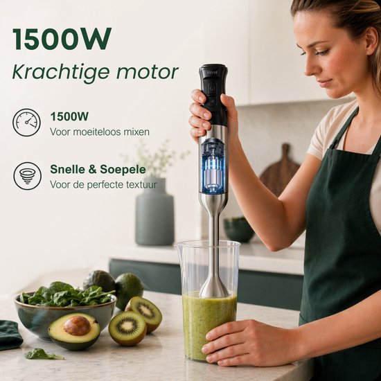 Mixeur plongeant Savoré Kitchen Pro+ 1500 W – Ensemble comprenant un hachoir de 600 ml, un fouet, un mousseur à lait et un verre doseur – 5 vitesses – 6 lames – acier inoxydable