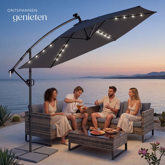 tectake® Parasol à pied flottant - 3 x 3 m - Parasol de jardin avec éclairage LED à énergie solaire - Orientable - Polyester imperméable avec protection UV - Housse incluse - Gris
