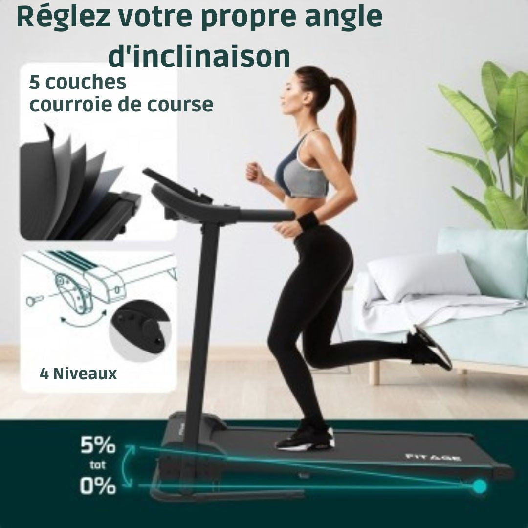 Tapis de course pour la maison Fitage - Fonction d'inclinaison - Bluetooth - 1-12 km/h - Pliable - 100 x 64 x 25 cm - Noir