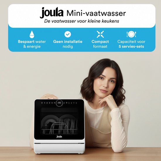 Joula Mini lave-vaisselle à poser avec réservoir d'eau - 7 programmes de lavage - 5 couverts - Petit lave-vaisselle - Lave-vaisselle de camping étroit à poser - 43x43x46 cm - Blanc