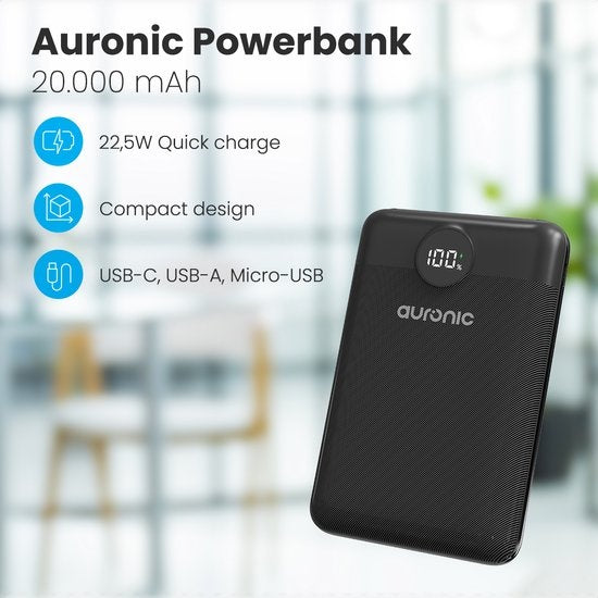 Auronic Powerbank - Chargeur rapide iPhone et Samsung - 20 000 mAh - 22,5W - 3 ports de charge - Chargement rapide via USB-A et USB-C - Noir