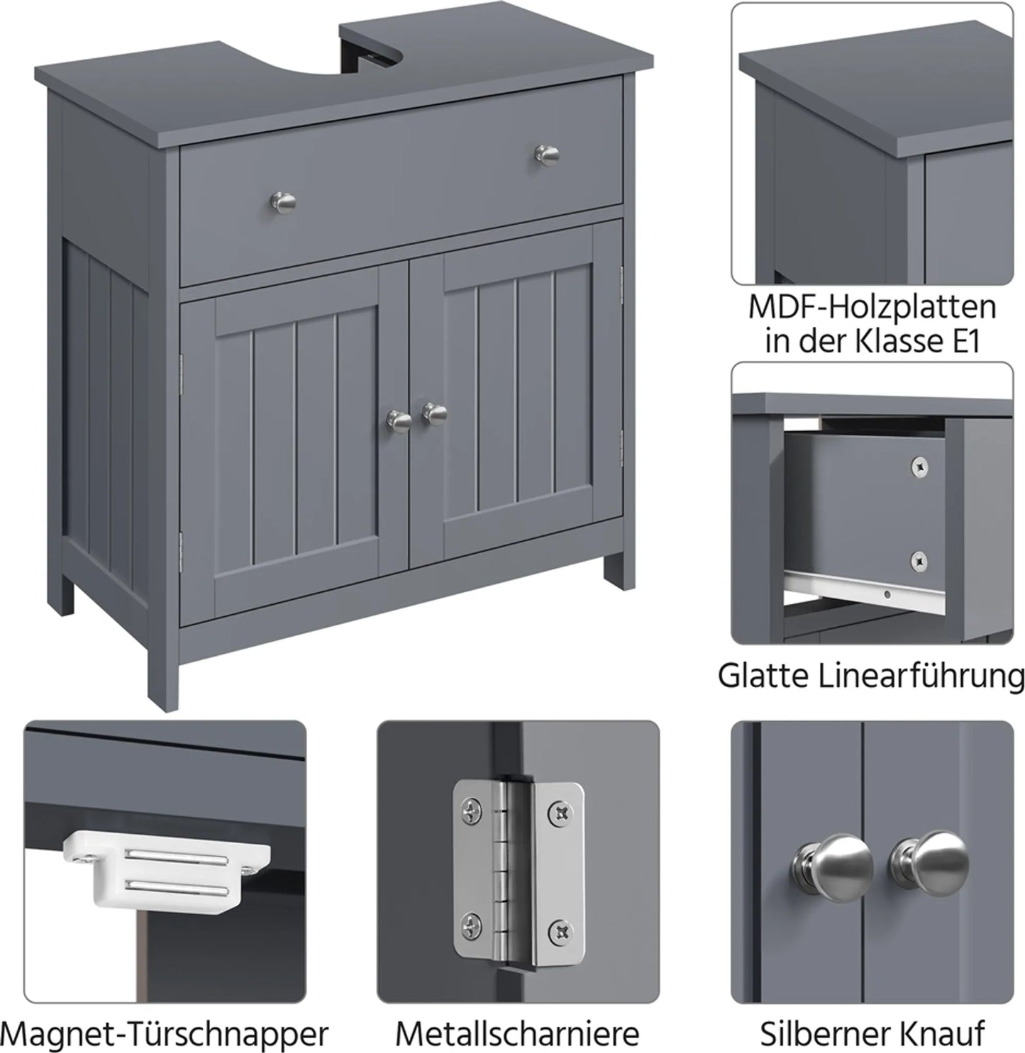 Yaheetech Meuble bas avec tiroir et deux compartiments - équipé d'une découpe pour siphon, d'un revêtement hydrofuge et de ferrures - pour salle de bains de style rustique - Mdf gris foncé et métal - 60 x 30 x 60 cm