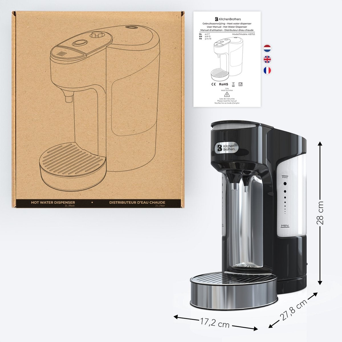 KitchenBrothers  Distributeur d'eau chaude - 2L  - 27,8  x 17,20 x 28  - 3000W - inox/noir