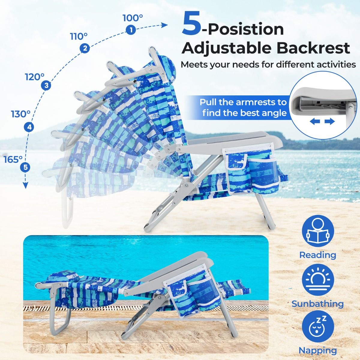 Chaise de plage pliable - Bleu marine - 5 positions d'inclinaison - 150 kg - Avec porte-gobelet et compartiments de rangement