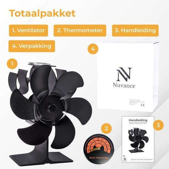 Nuvance - Ventilateur de poêle à bois - Thermomètre inclus - Ventilateur de cheminée - Ecofan de poêle - Ventilateur de chaleur - Noir