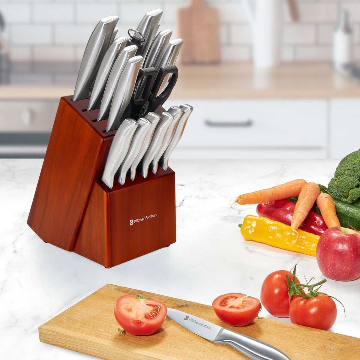 KitchenBrothers Set de couteaux - Bloc de couteaux - 16 pièces - avec ciseaux et acier d'affûtage - Bois d'acacia