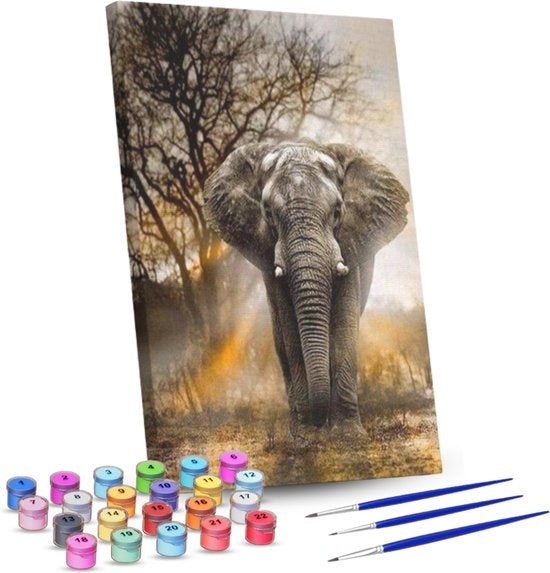 Rubye® Peinture par Numéros pour Adultes – Éléphant Puissant – Pinceaux Inclus – Toile de Peinture sur Toile – Coloriage par Numéro – 40x50cm