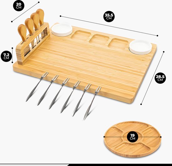 Kicinn Drinking Board - Tapas Board - Cheese Board - Serving Board - Drinking Board Wood - Incl. Cheese Knives, Forks, Bowls and Extra Serving Board - Bamboo