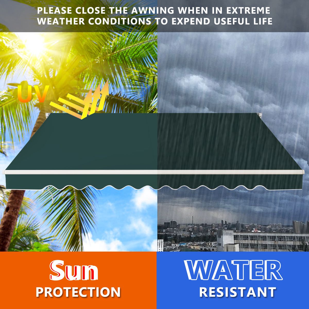 coast 4 x 2,5 m store de terrasse extensible - vert - armature en aluminium - manivelle manuelle