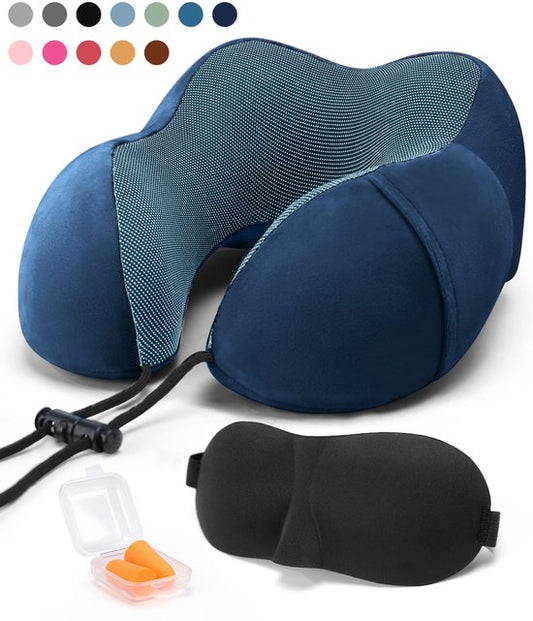 SKYCASES Travel Essentials - Ensemble d'oreillers pour la nuque 3 pièces - Oreiller de voyage ergonomique en mousse à mémoire de forme avec masque pour les yeux et bouchons d'oreille - Idéal pour l'avion, la voiture et le train - Compact et luxueux - Mari