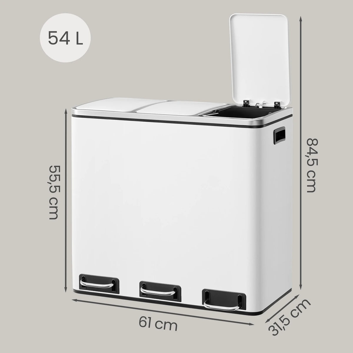 Poubelle de cuisine Joyfurnos 3 x 18 L - Tri sélectif avec pédale - Couvercle à fermeture douce - 61 x 31,5 x 55,5 cm - Blanc