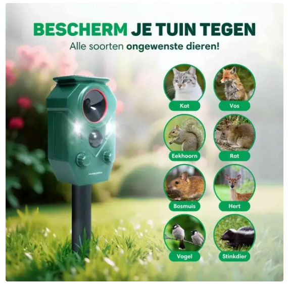 Vulpes Goods® - Cat Dispatcher Premium - 5 x 9 x 14 cm - 5 modes de fonctionnement, capteur PIR, flashs LED et énergie solaire - pour le jardin et le balcon - plastique vert