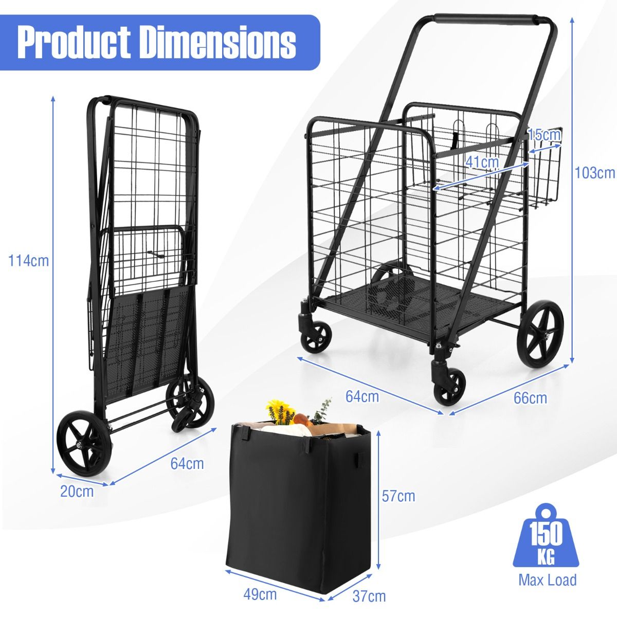 Chariot de courses pliable Coast 126 L noir - 66 x 64 x 103 cm - Chariot de courses avec doublure imperméable et panier arrière - Capacité de charge : 150 kg