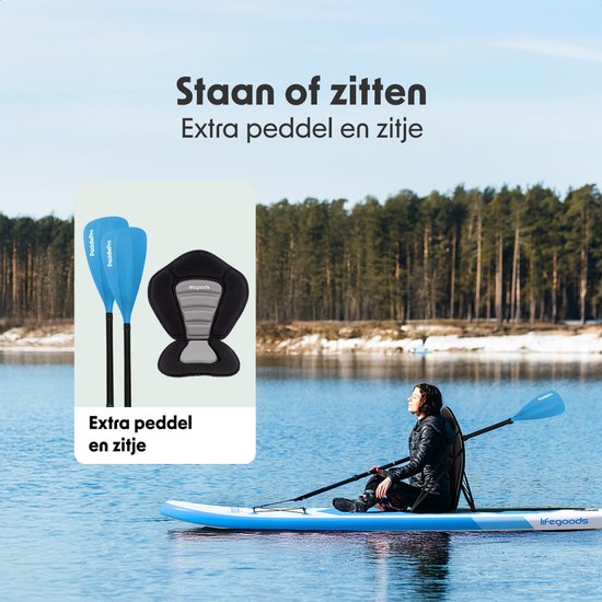 LifeGoods SUP Board All-round Compact - Avec siège - Capacité de charge 100 KG - 300 x 76 cm - Gonflable - Ensemble complet de SUP - Bleu ciel