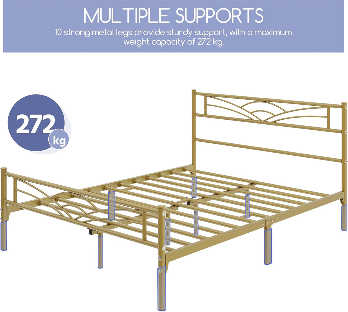 Yaheetech : cadre de lit en métal 140 x 200 cm – Or antique – Lit moderne pour enfant avec sommier à lattes et grand espace de rangement