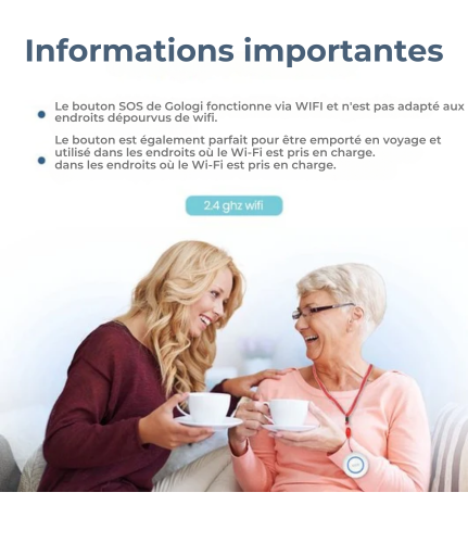 Alarme personnelle - Gologi Slim - Bouton d'alarme sans fil - Bouton d'urgence - Personnes âgées - WIFI - Notification à distance via l'application