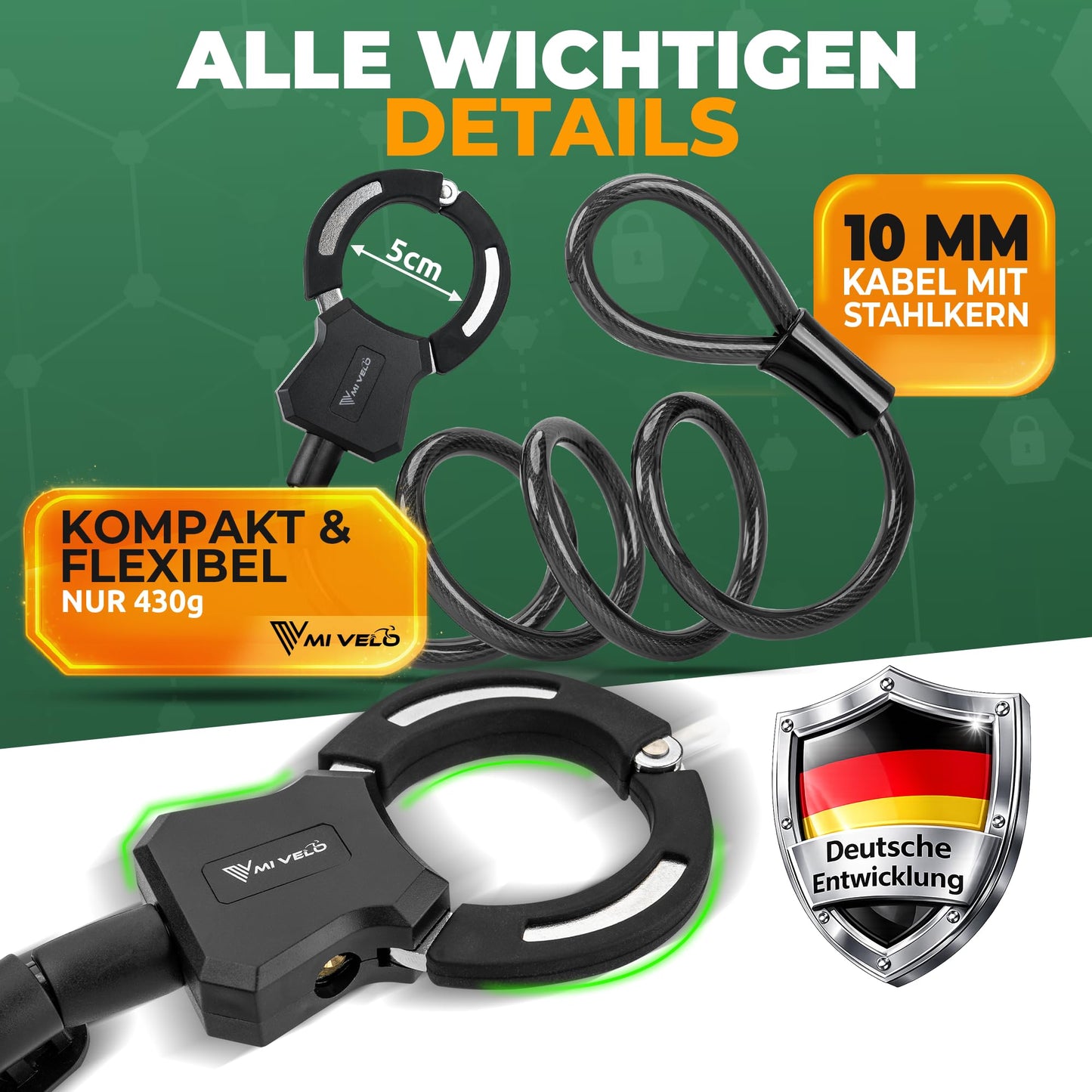 Antivol MIVELO pour scooter électrique - câble antivol en forme de menottes de 120 cm - avec clé et support - âme en acier pour scooter et vélo