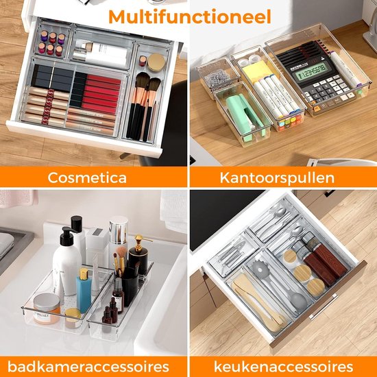 Posity Organisateur de tiroirs - 25 pièces - Plateaux d'organisation - Plateaux de tiroirs - Plateaux de stockage - Organisateur de maquillage - Pour la cuisine, la salle de bain et le bureau - Plastique - Transparent