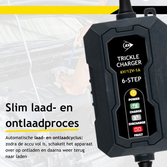 Chargeur à goutte-à-goutte Dunlop 6/12 V 1 A – Chargeur de voiture avec cycle de charge en 6 étapes – pour scooters et motos – Protection contre les courts-circuits – Chargeur d'entretien pour batteries au plomb et au gel – Noir