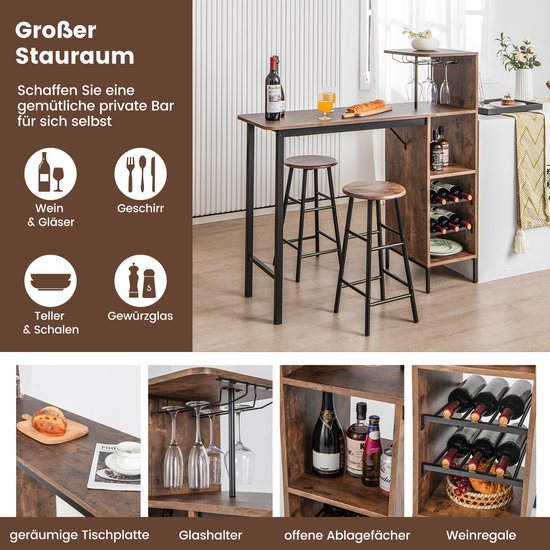 Table de bar Coast avec tabouret de bar, ensemble pour 2 personnes, avec porte-verres à vin et porte-bouteilles, comptoir pour le salon, la salle à manger et la cuisine (couleur café)
