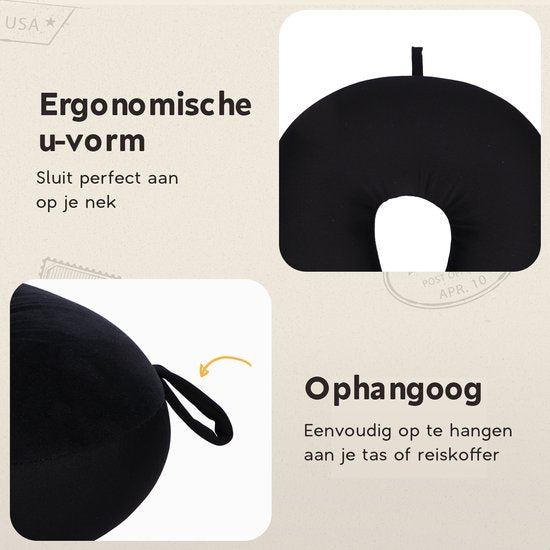 TRAVARA Oreiller cervical The Snuggo - Oreiller de voyage à microbilles pour l'avion - Oreiller de voiture - Travel Pillow - Noir