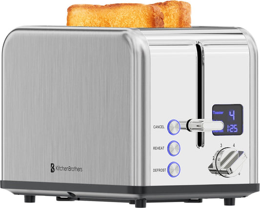 KitchenBrothers Toaster - Grille-pain - 6 niveaux de chaleur - 2 fentes extra-larges - 815W - Acier inoxydable/Argent