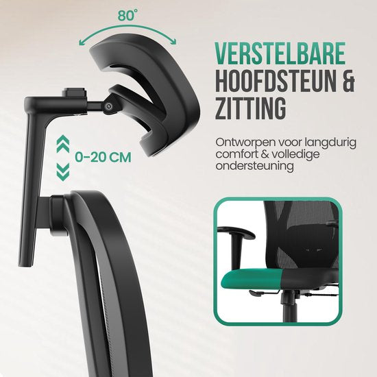 Avalo Ergonomic Office Chair With Headrest - NEN1335 - Chaises de bureau pour adultes - Chaise de bureau - 2 jeux de roues anti-rayures pour sols durs et souples inclus