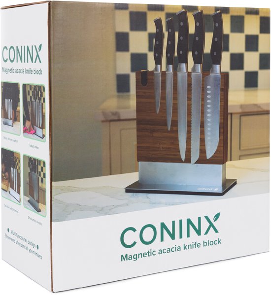 Bloc à couteaux magnétique Coninx Vertico - Aimant à couteaux avec aiguiseur - Socle en acier inoxydable - Aimant double face - Bloc à couteaux sans couteaux - Acier inoxydable / Bois d'acacia