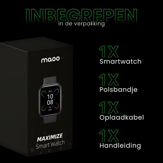Maoo Maximize Smartwatch - Fonction Bell complète, moniteur de fréquence cardiaque, podomètre, multisport - Android & iOS - Noir