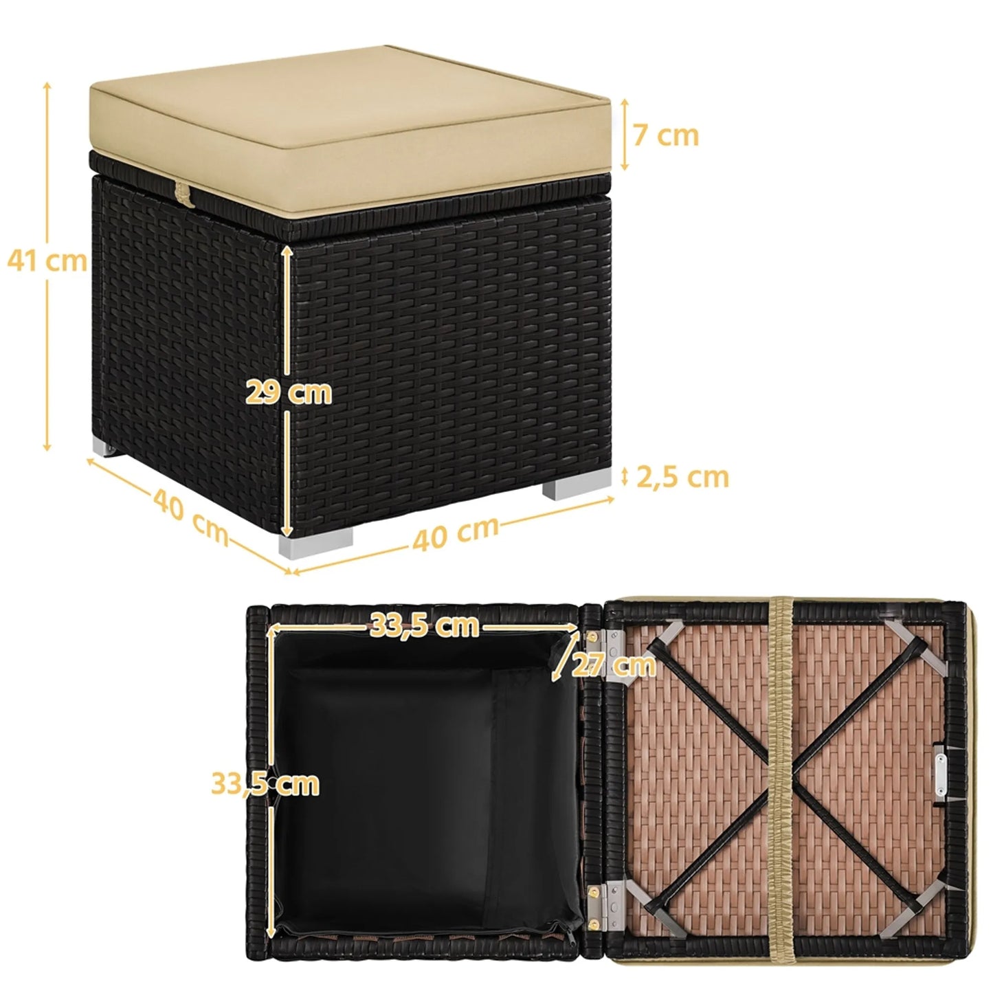 Yaheetech Tabouret Avec Rangement 2 Pièces - Avec Compartiment Caché et Cadre en Rotin Hydrofuge et Métal Revêtu de Poudre - Pour Jardin Balcon Et Salon - Polyéthylène Brun Kaki Et Métal - 40 x 40 x 42.5 cm