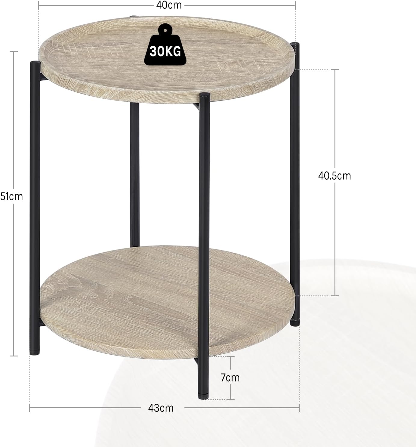 Table d'appoint ronde WOLTU - Chêne clair - 2 étagères
