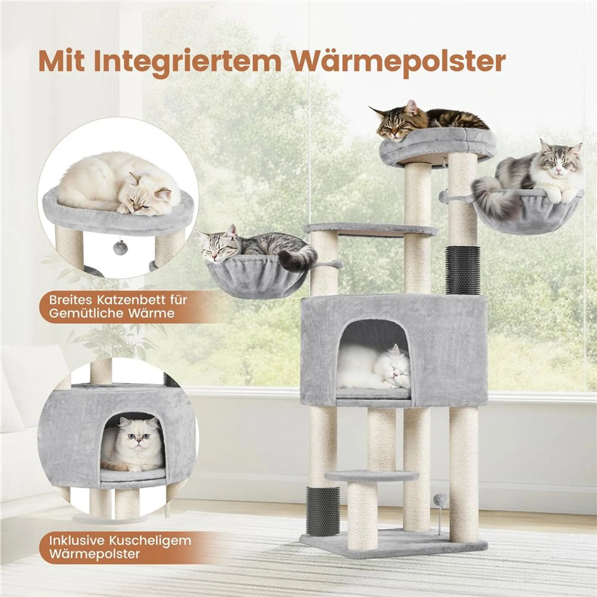 Arbre à chat Yaheetech, 160 cm de haut - tiges en sisal de ⌀11 cm, plateformes et niches pour chats - gris clair et beige