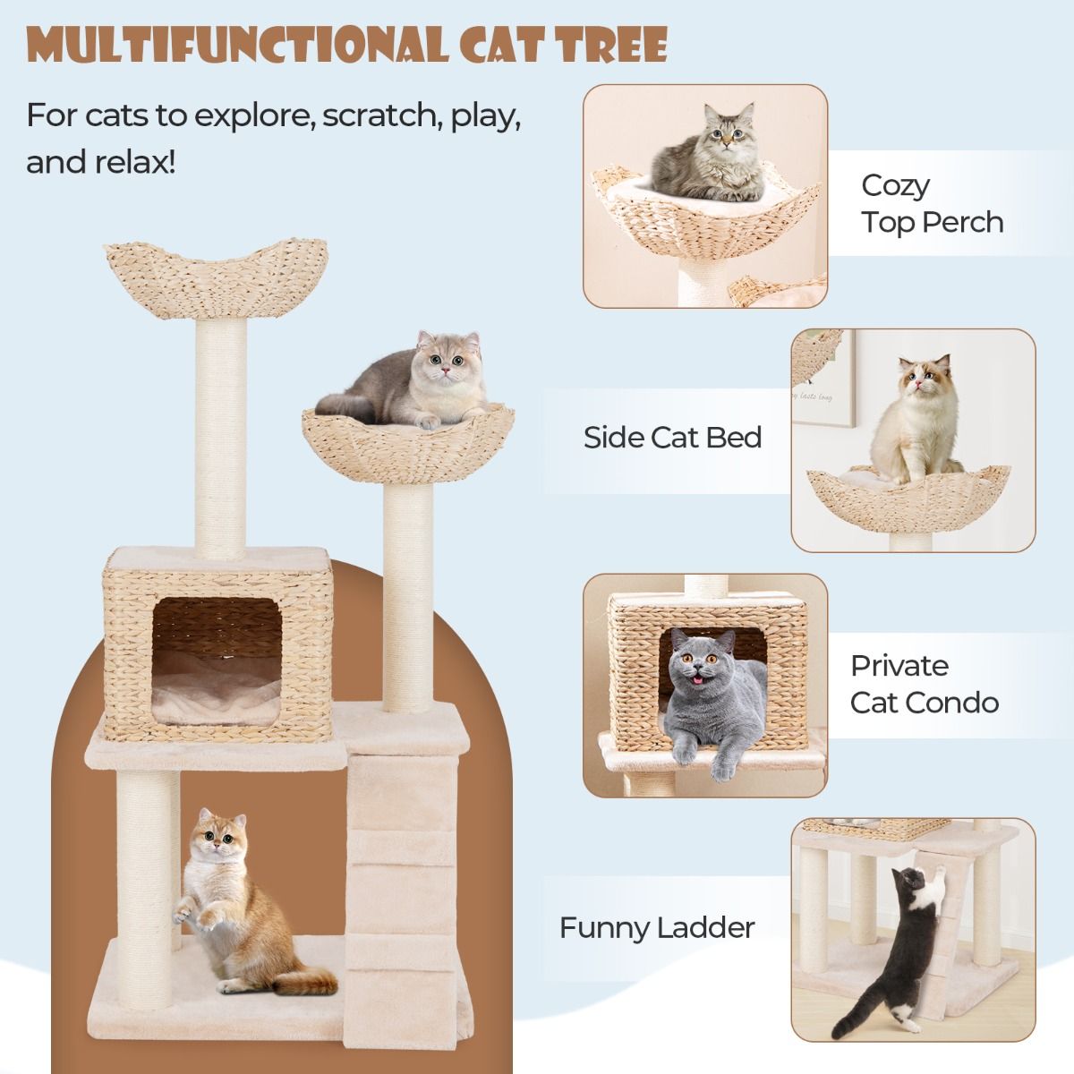 Arbre à chat Coast - 4 niveaux - arbres à chat en sisal - coussins lavables - beige 122 cm