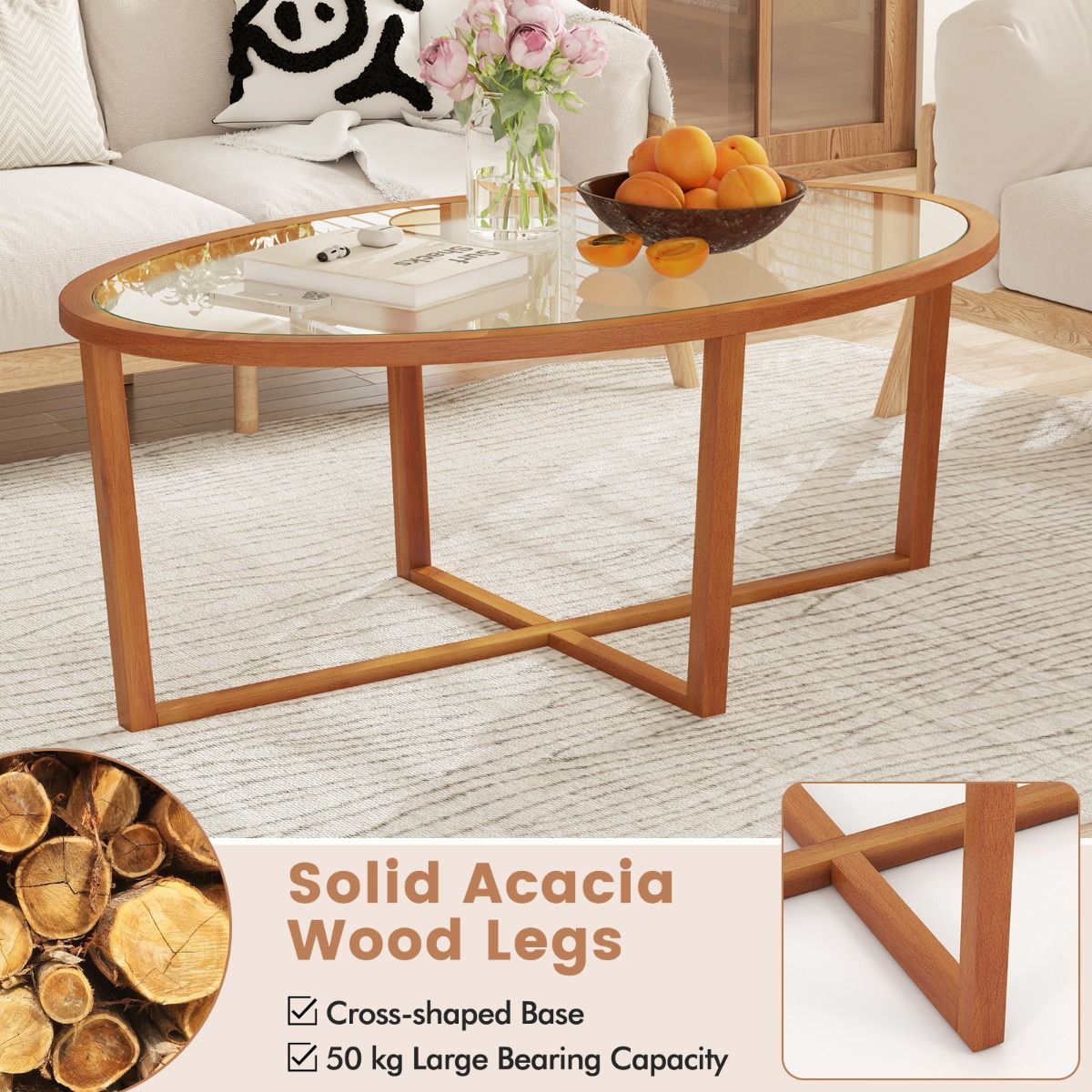 Table basse Coast - verre trempé ovale - piètement en croix en bois d'acacia - marron - 118 x 71,5 x 47,5 cm